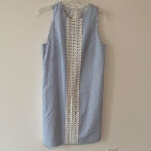 Maggy L seersucker  Blue and White Striped Midi Dress 8 NWOT